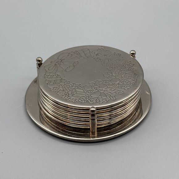 Elegance Silverplated on Steel Coaster Set – Vintage Holiday Engraved Drink - Picture 2 of 7